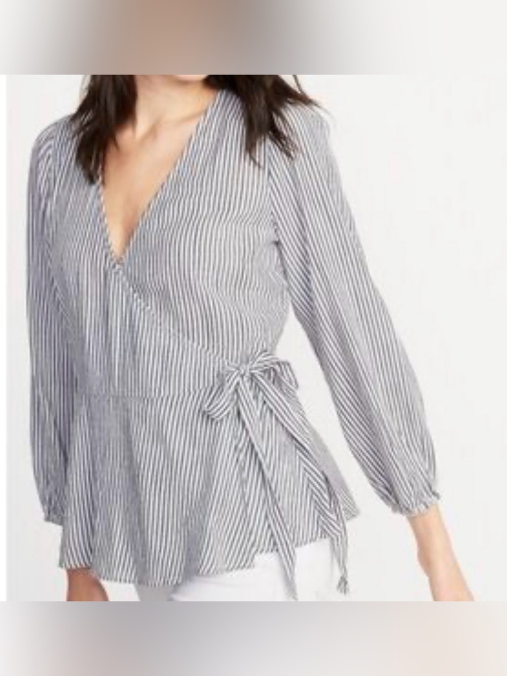 Striped Wrap Peplum Blouse in NAVY and White